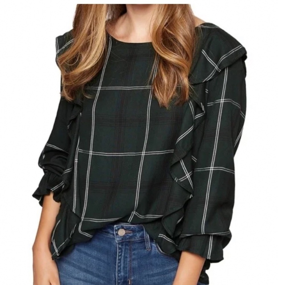 Sanctuary Women's Size XS Taylor Plaid Flutter Blouse Green Black White Flannel
